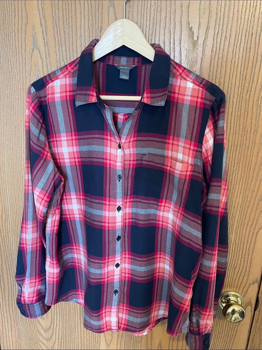 Eddie Bauer Pink and Navy Plaid Long-Sleeve Button-Down Shirt